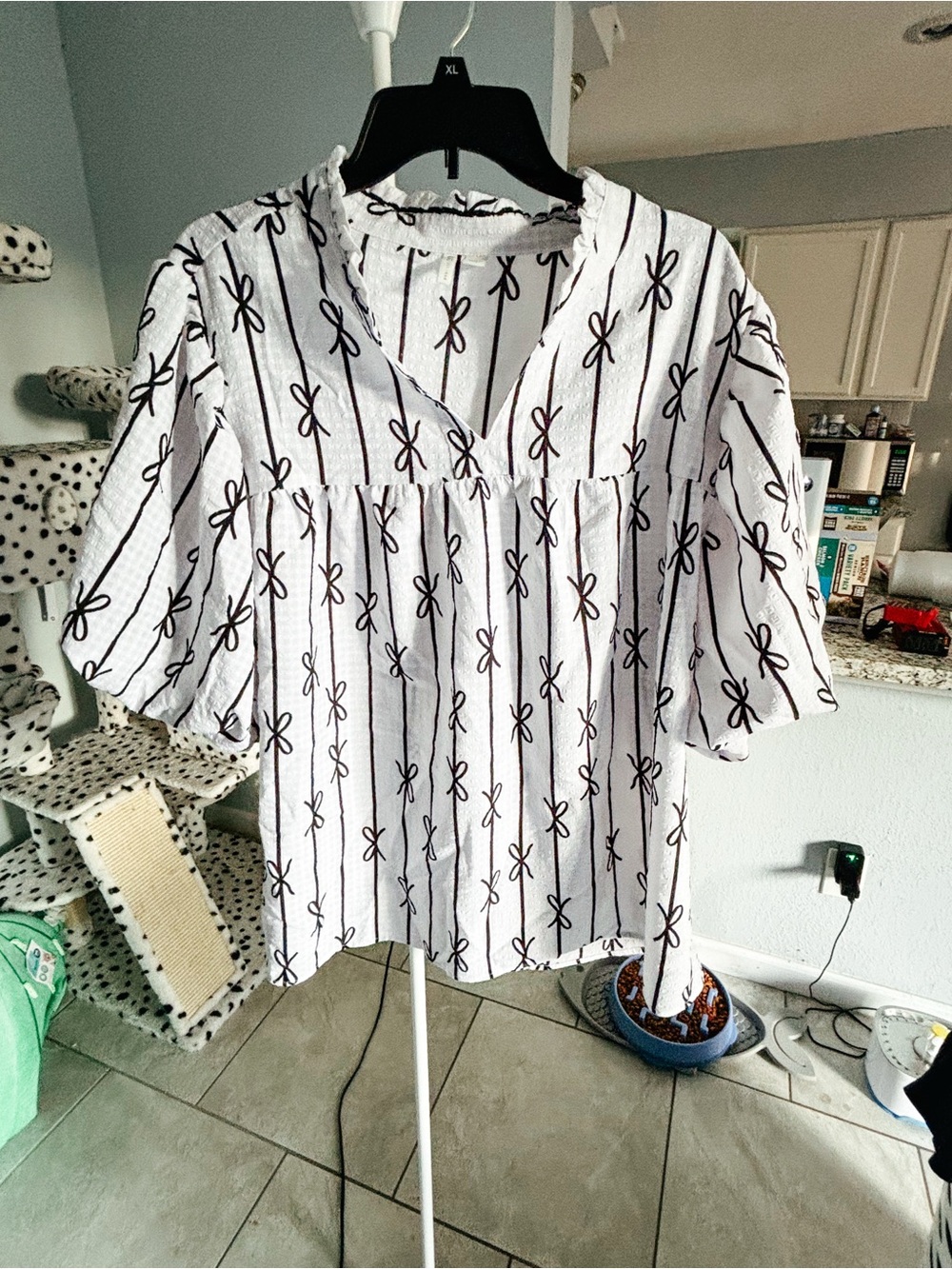 Cato White Blouse with Black Bow-Print Stripes